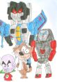 Kup character from Transformers alongside colorful cartoon characters, showcasing a playful, childlike art style.