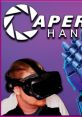 Aperture Hand Lab Announcer showcases a VR headset user next to a robotic hand in an engaging, tech-focused design.