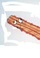 Cartoonish Derpy bacon with large eyes, showcasing a fun and whimsical food character design. Perfect for bacon lovers!