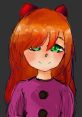 Portrait of Elizabeth Afton with vibrant orange hair, green eyes, and red accessories, showcasing her playful character.