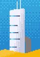 Pixel art depiction of a modern skyscraper against a bright blue sky, showcasing urban creativity and design.