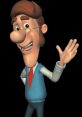 Hugh Neutron, a friendly animated character with glasses and a cheerful expression, waving in a bright blue sweater.