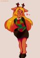 Noelle Holiday (Cellochicita) in a colorful sweater dress with deer antlers, exuding charm and festive spirit.