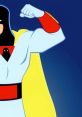 Space Ghost flexes his muscles in a heroic pose, showcasing his iconic costume and cape against a vibrant blue background.