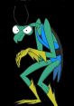 Zorak, the green mantis character, with a mischievous expression and striking blue and black attire, exudes villainous charm.