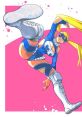 R.Mika performs an action pose in her iconic blue wrestling outfit, showcasing her agility and dynamic movement.