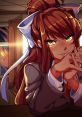 Monika from Doki Doki Literature Club, with green eyes and a playful smile, seated by a window during sunset.