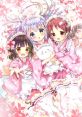 Three anime girls in pink outfits surrounded by cherry blossoms, exuding a cheerful and playful atmosphere.