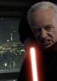 Sheev Palpatine wielding a red lightsaber, showcasing his menacing presence in a dark, urban landscape.
