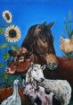Vibrant farm animal artwork featuring a horse, cow, sheep, pig, goose, and chicken among sunflowers by Brooke O'Connell.