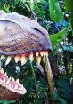 Ferocious dinosaur head with sharp teeth amidst lush greenery, showcasing prehistoric power and natural beauty.
