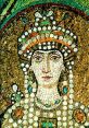 Mosaic depicting Empress Teodora, showcasing elaborate jewelry and intricate details in ancient Byzantine art.