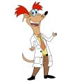 Cartoon character Professor Quigley in a lab coat, glasses, and a playful pose, showcasing a fun, scientific vibe.