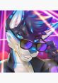 Stylish furry character Sabier wearing sunglasses, posing confidently against a vibrant neon background.
