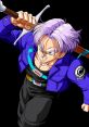 Trunks from Dragon Ball Z, wielding a sword, showcases his determined expression and iconic outfit against a dark background.