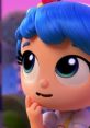 True from "True and the Rainbow Kingdom" with blue hair, pondering thoughtfully, showcasing her curious nature.