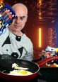 Jimmy Zona de Pruebas V2 demonstrates cooking with futuristic gadgets in a vibrant, tech-inspired kitchen setting.