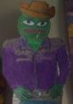 Colorful cartoon character with a cowboy hat, wearing a purple shirt, embodying a playful, creative artistic style.