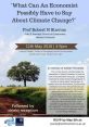 Event flyer for a lecture by Prof. Robert Stavins, honoring Adrian Fernando and discussing climate change economics.