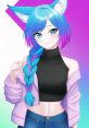 Stylish anime character with blue and pink hair, cat ears, wearing a cropped black top and denim, set against a colorful background.