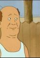 Bill Dauterive from "King of the Hill," sporting a tank top with a humorous expression against a wooden fence backdrop.