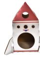 Cardboard rocket playhouse for kids, featuring a red and white design with circular openings for imaginative play.