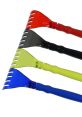 Colorful gardening rakes in red, black, green, and blue, perfect for outdoor projects and enhancing garden aesthetics.