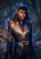 Kieran the Siren stands confidently in a mystical forest, wearing an elegant outfit with magical ambiance and glowing lights.