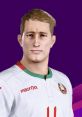 Saroka, Belarusian football player, wearing national team jersey, showcasing a determined expression on a vibrant background.