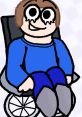 Cartoon character Jack Muko smiles while sitting in a wheelchair, wearing a blue sweater and grey shoes, showcasing positivity.