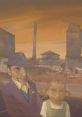 Portrait of a man and girl against an industrial backdrop, showcasing Gary Waldron's distinctive artistic style and color palette.