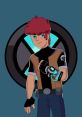 Davi10 character design featuring a young hero with red hair and a high-tech wrist gadget, set against a blue backdrop.