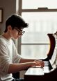 Young musician playing piano, focused on sheet music, showcasing talent and passion for music in a bright, natural setting.