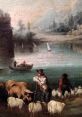 Pastoral scene featuring shepherds tending sheep by a serene lake, showcasing tranquil rural life and natural beauty.