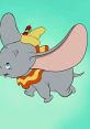 Dumbo the flying elephant with a red and yellow saddle, joyfully soaring through a blue-green sky alongside Timothy Q. Mouse.