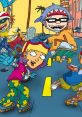 Rocket Power characters skateboarding and rollerblading on a vibrant street, showcasing their adventurous spirit and friendship.