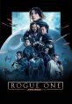 Main characters from Rogue One gather, showcasing diverse Rebel heroes against a backdrop of the Death Star and starships.