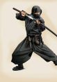 Stealthy ninja in black attire wielding a katana, ready for action against a neutral background.