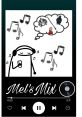 Mel's Mix album cover featuring music notes, a character with headphones, and playful graphics highlighting a musical theme.