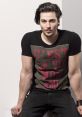 Stylish young man with tousled hair, wearing a graphic tee, exuding modern Persian fashion vibes in a subtle, artistic setting.