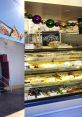 Decorative Mardi Gras beads adorn a New Orleans dessert shop, showcasing delightful pastries and sweets in the display case.