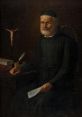 Portrait of an elderly man in a dark robe, holding a letter, symbolizing wisdom and faith in Portuguese Brazil's history.