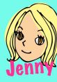 Cheerful cartoon character named Jenny with blonde hair and bright brown eyes on a vibrant turquoise background.