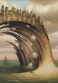 Surreal landscape featuring a city on a crest, mystical waves, and a ship navigating the enchanting waters below.